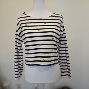 Madewell Striped Cropped Tee with Embroidered Florals | XS | 3/4 Sleeve